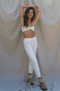 white, floral, mid-rise sweatpants with elastic waistband with adjustable tie and banded hems