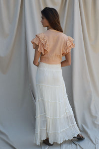clay colored crop top with ruffled sleeves