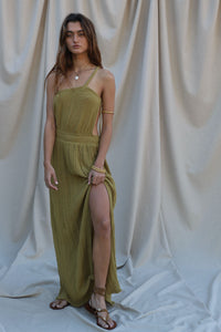 cotton gauze one shoulder maxi dress with thigh high slit