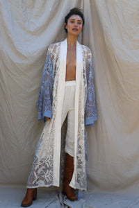natural lace long sleeve maxi kimono with blue grey ombre dye detailing