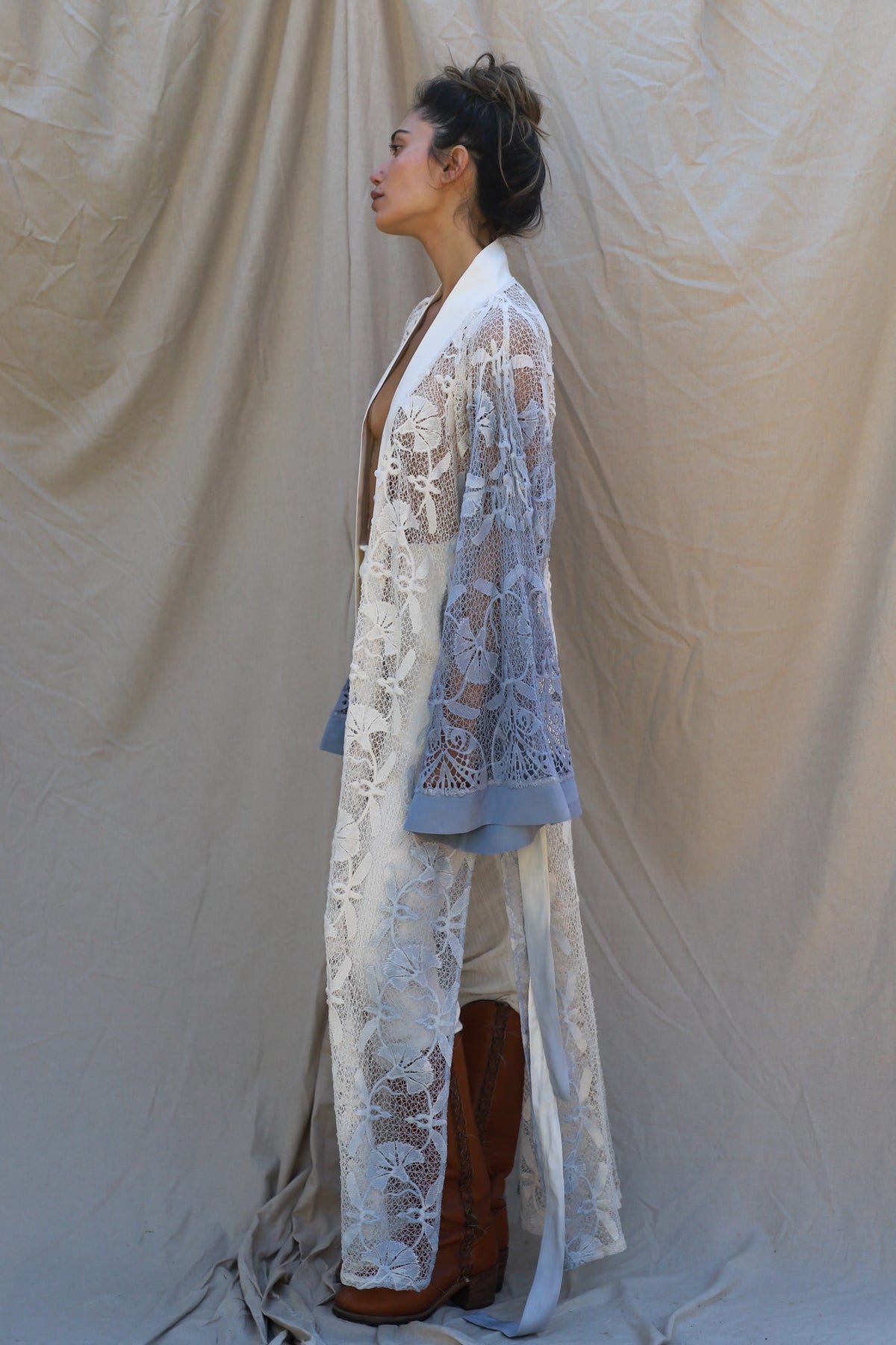 ombre lace kimono is natural in center with grey blue dye detail on left and right sides